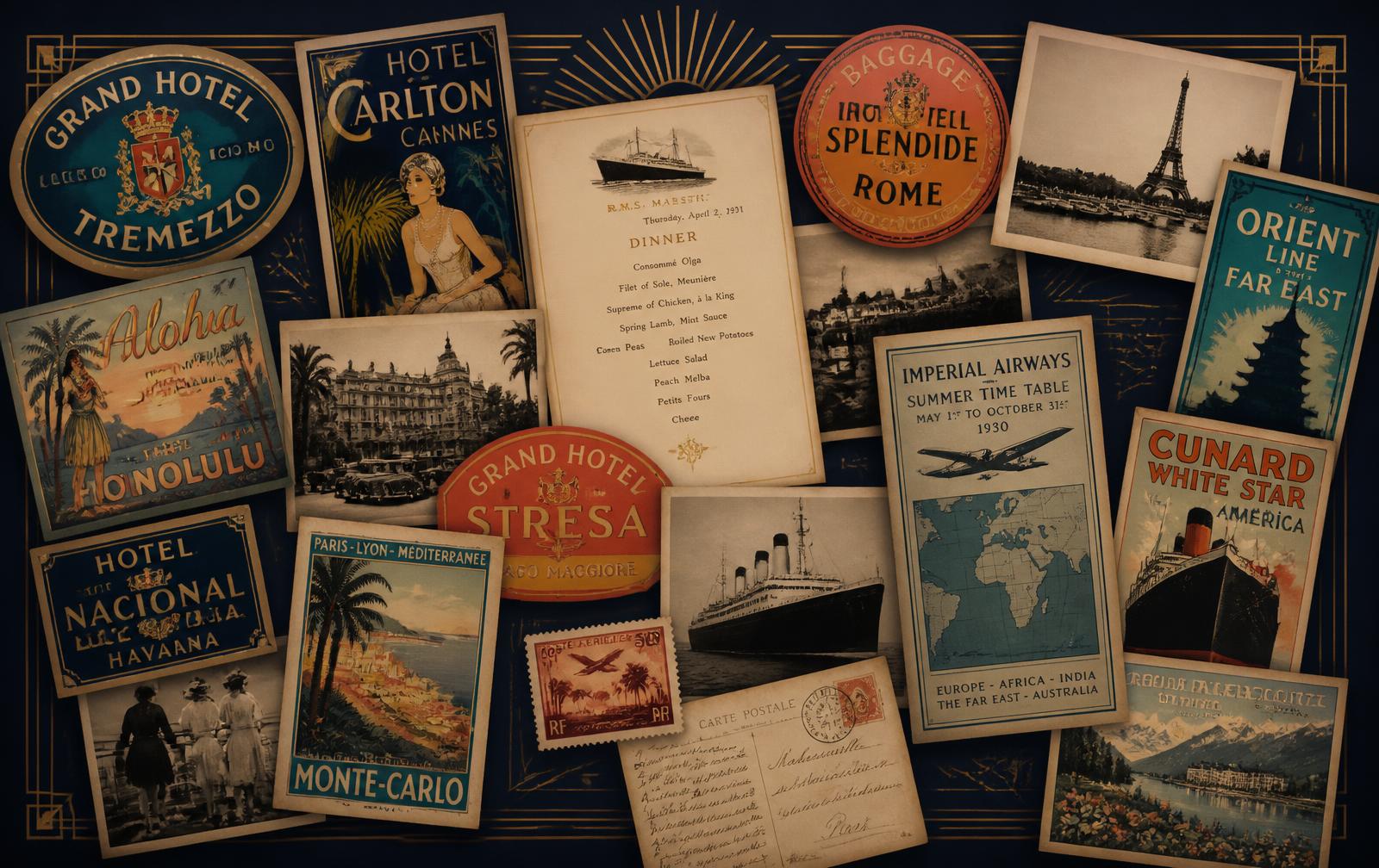 Collage of vintage luggage labels, steamship menus and old postcards